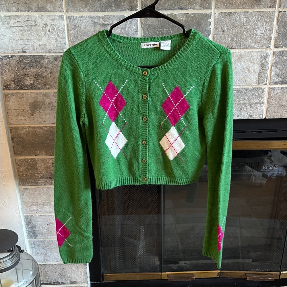 Energie Green Argyle Cardigan Sweater